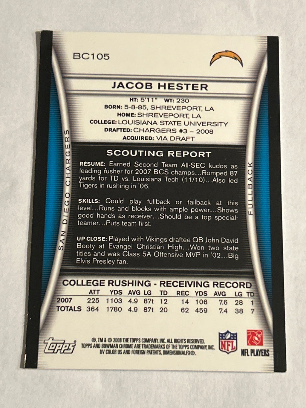2008 Bowman Chrome Refractor #105 Jacob Hester (RC)
