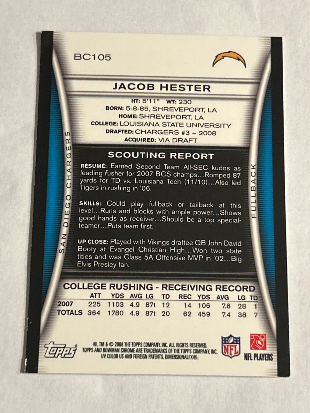 2008 Bowman Chrome Refractor #105 Jacob Hester (RC)