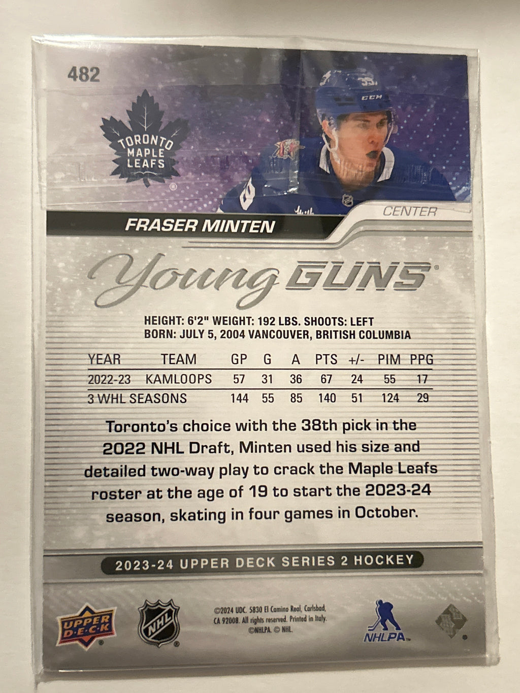 2023-24 Upper Deck Series 2 Young Guns #482 Fraser Minten (RC) Jumbo Toronto Maple Leafs Boston Bruins