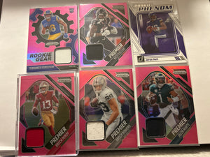 Football Relic 6 Card Lot Brock Purdy Jalen Hurts Brock Bowers Nico Collins Pink Prizm Premier Jerseys Terrance Ferguson RC