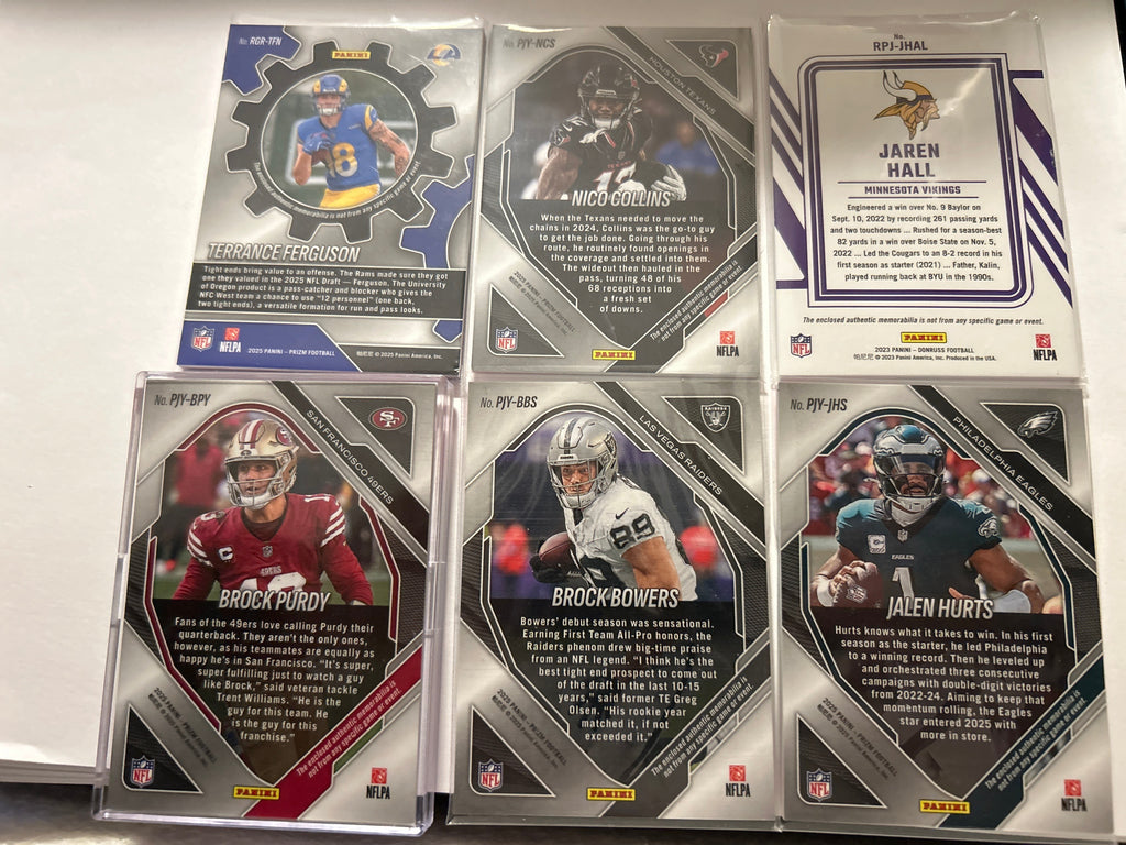 Football Relic 6 Card Lot Brock Purdy Jalen Hurts Brock Bowers Nico Collins Pink Prizm Premier Jerseys Terrance Ferguson RC