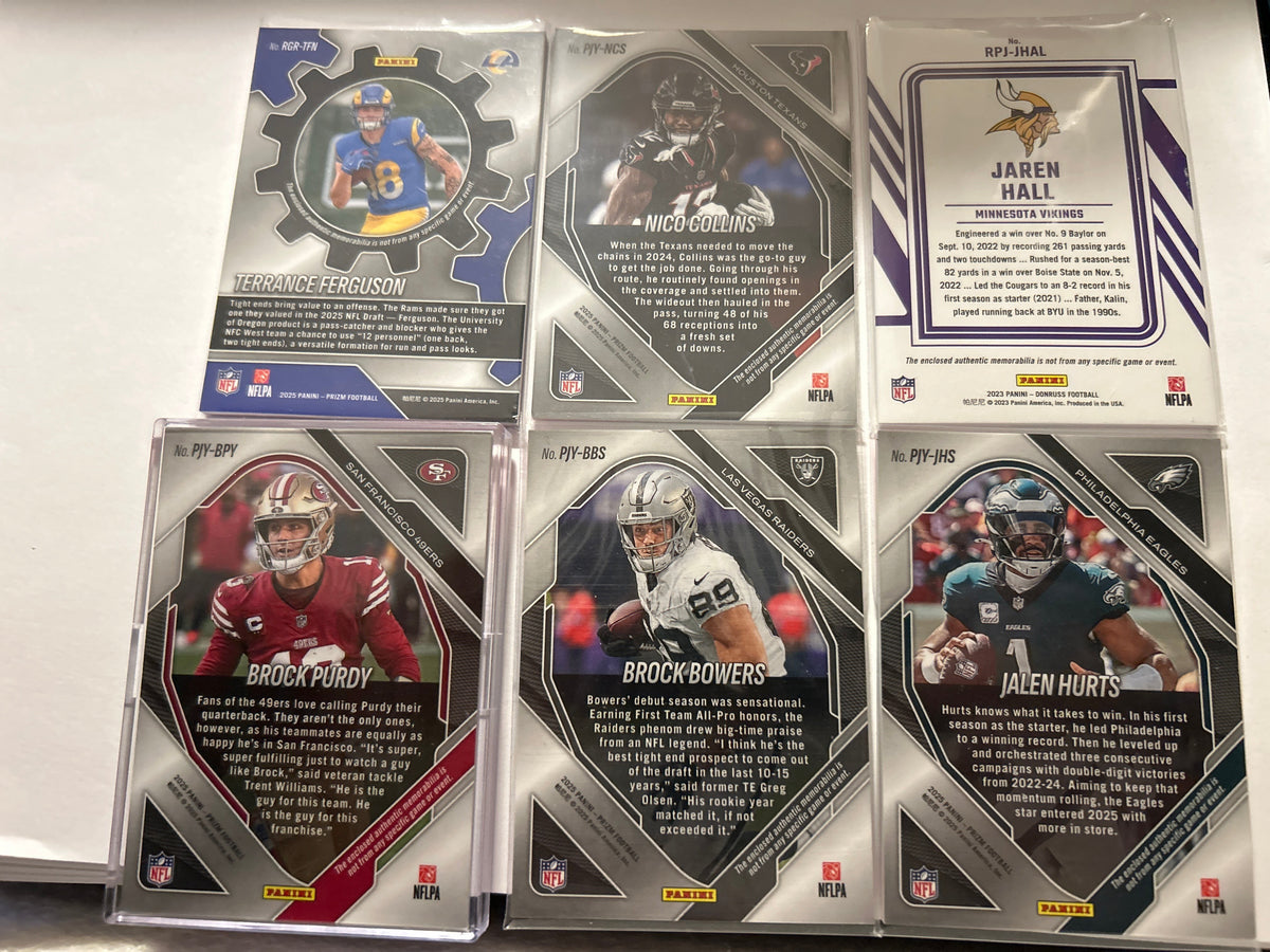 Football Relic 6 Card Lot Brock Purdy Jalen Hurts Brock Bowers Nico Collins Pink Prizm Premier Jerseys Terrance Ferguson RC