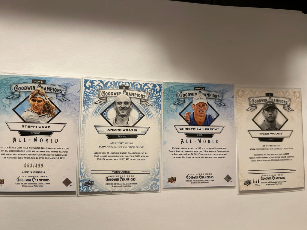 2025 Upper Deck Goodwin Champions 4 Card Lot Tiger Woods Steffi Graf Neon Green 63/499 Andre Agassi Christo Lamprecht