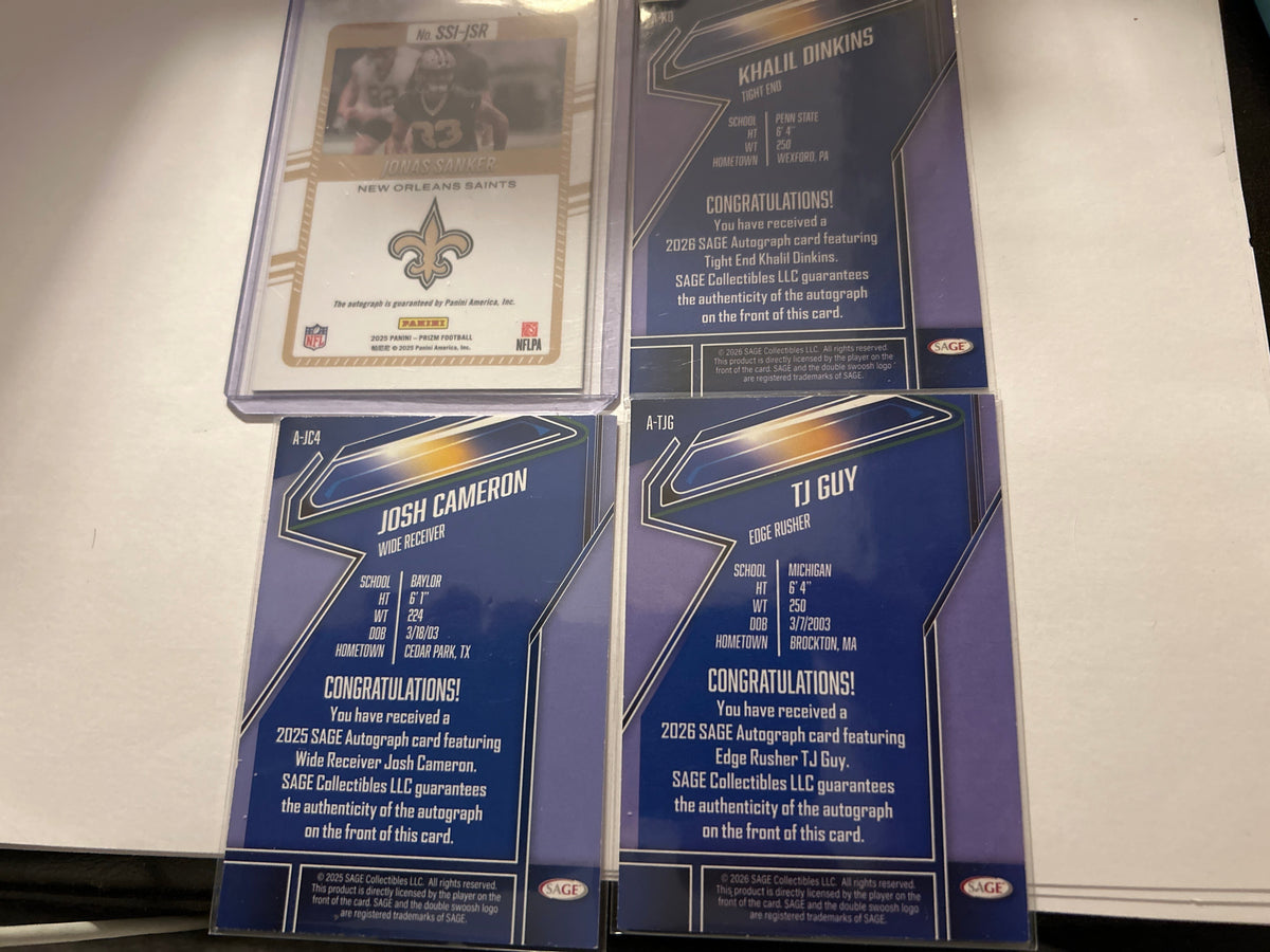Football Autograph 4 Card Lot Jonas Sanker Prizm Significant Signatures (RC) Auto Saints Sage Autos