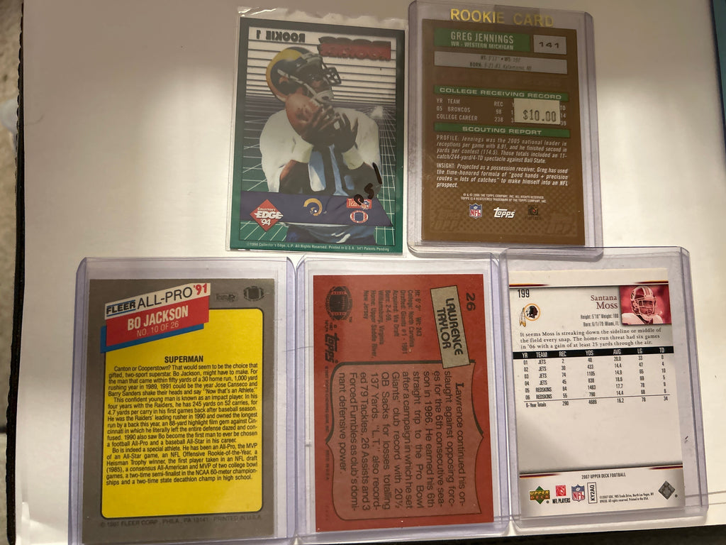 Football 5 Card Lot Bo Jackson 1991 Fleer All Pro Lawrence Taylor Topps All Pro Greg Jennings (RC) Santana Moss