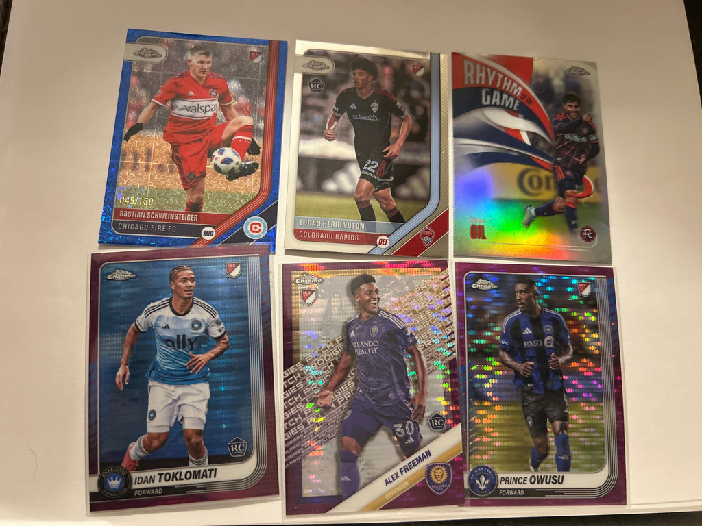 2025 Topps Chrome MLS 6 Card Soccer Lot Schweinsteiger Blue Speckle /150 Carles Gil Revolution Alex Freeman (RC) Purple