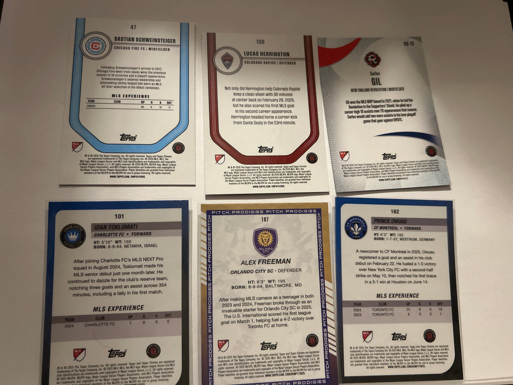 2025 Topps Chrome MLS 6 Card Soccer Lot Schweinsteiger Blue Speckle /150 Carles Gil Revolution Alex Freeman (RC) Purple
