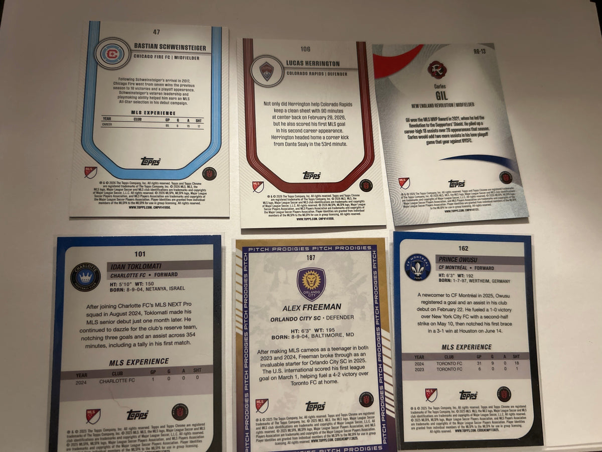 2025 Topps Chrome MLS 6 Card Soccer Lot Schweinsteiger Blue Speckle /150 Carles Gil Revolution Alex Freeman (RC) Purple