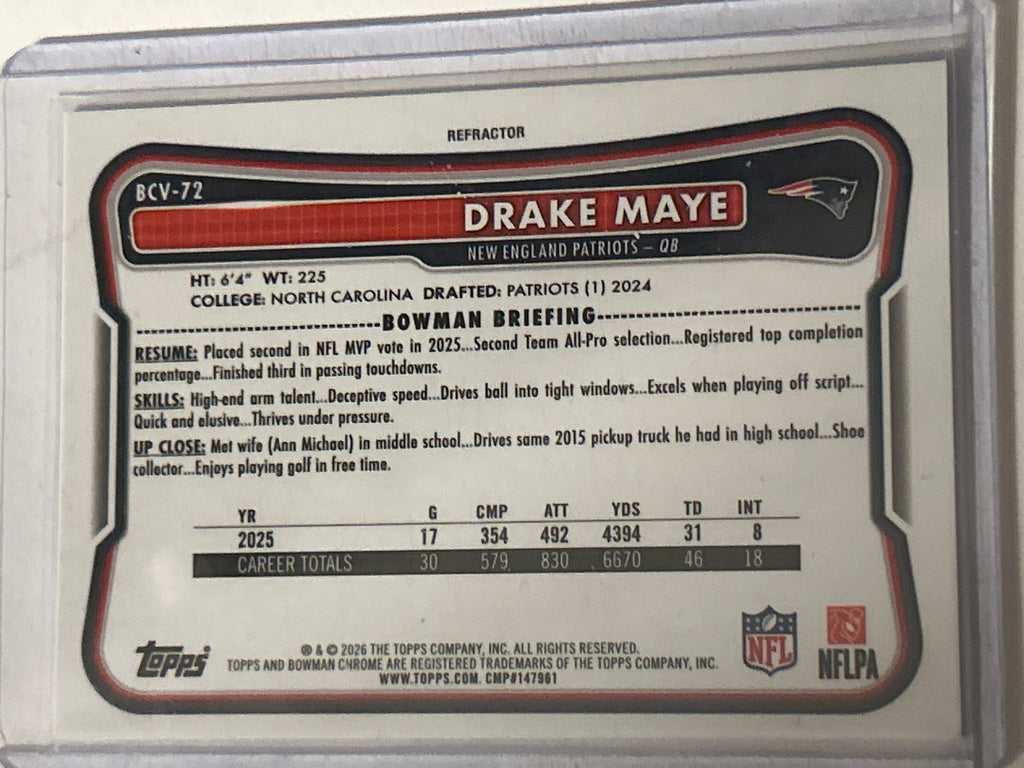 2026 Bowman Chrome #BCV-72 Drake Maye Refractor 289/499 New England Patriots QB