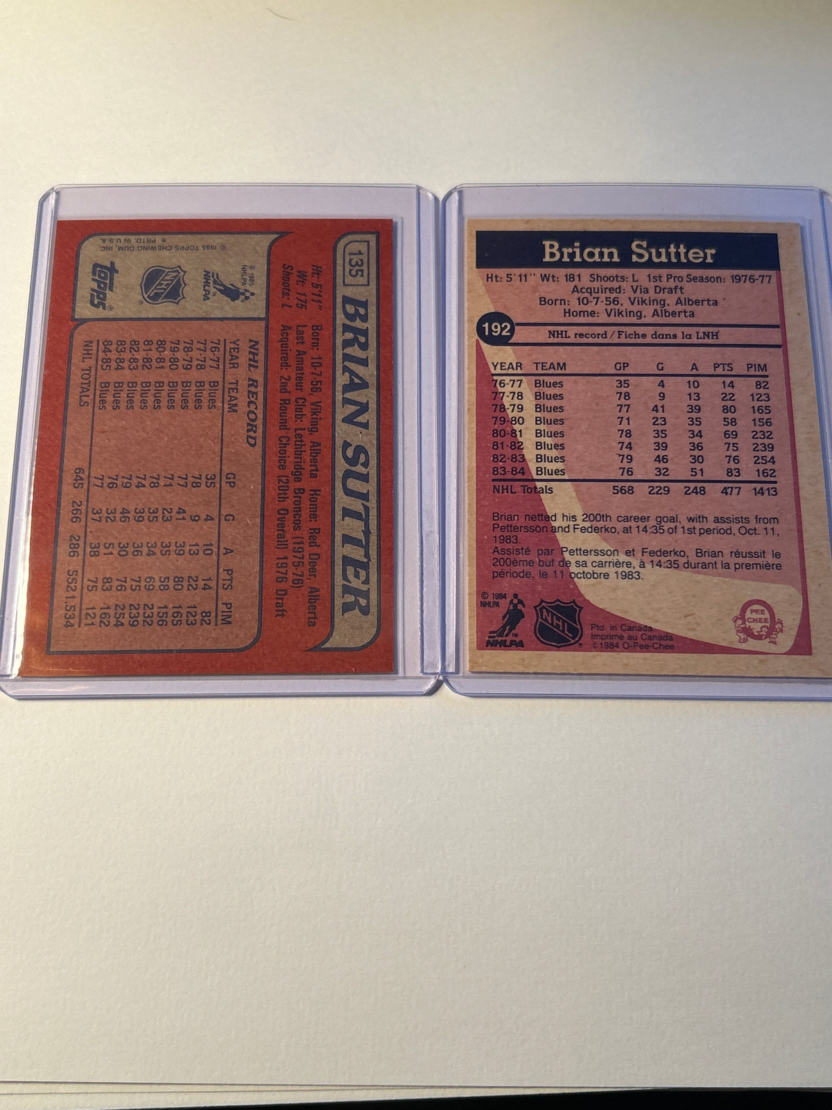 Brian Sutter 2 Card Lot 1984-85 O-Pee-Chee #192 and 1985-86 Topps #135 St. Louis Blues