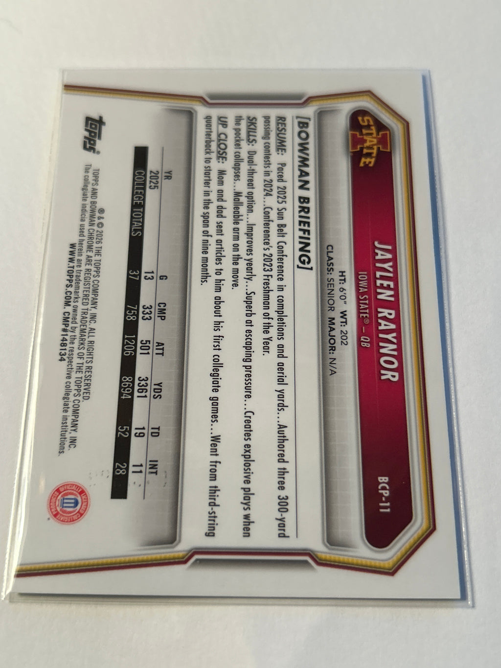 Bowman U Chrome Jaylen Raynor 1st Bowman Green Refractor 385/399 Iowa State Cyclones QB