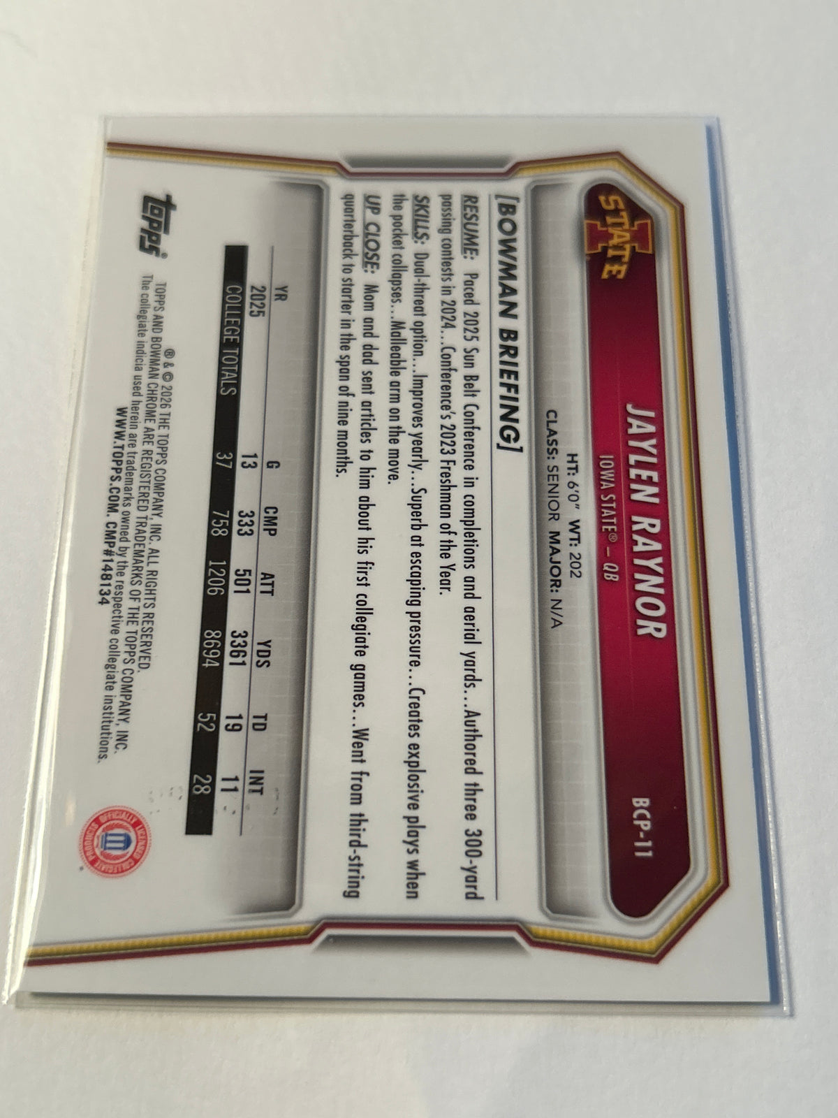 Bowman U Chrome Jaylen Raynor 1st Bowman Green Refractor 385/399 Iowa State Cyclones QB