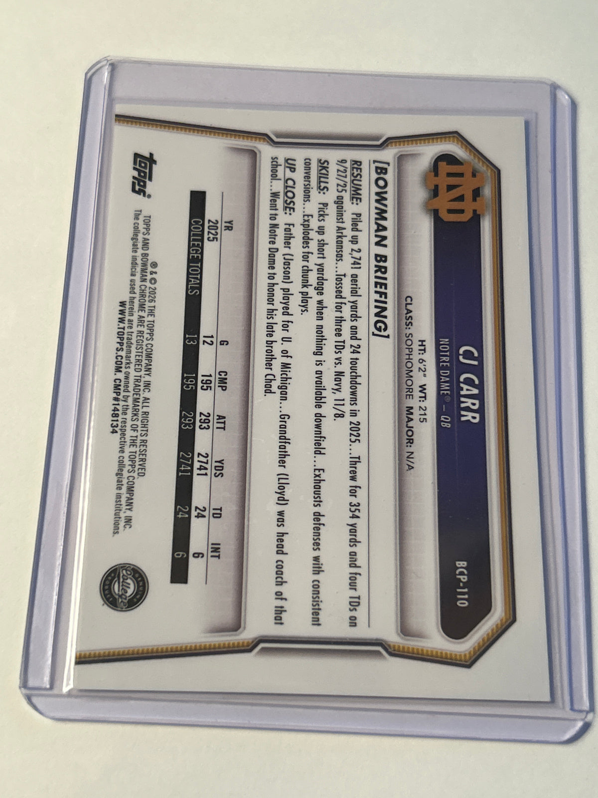 2026 Bowman U Chrome BCP-110 CJ Carr 1st Bowman Speckle Refractor Notre Dame QB