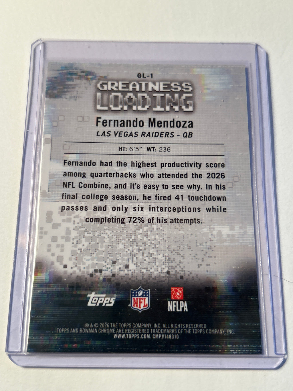 2026 Bowman Chrome Fernando Mendoza RC Greatness Loading Insert Las Vegas Raiders QB