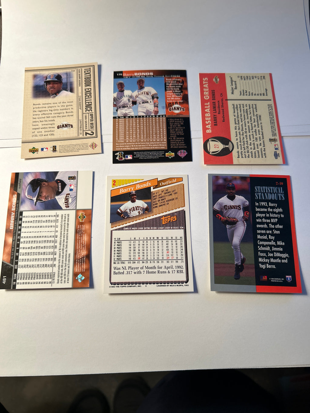 Barry Bonds 6 Card Lot 1999 Upper Deck Textbook Excellence 1994 Leaf Statistical Standouts 1993 Topps Pirates Giants