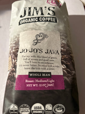 Jim’s Organic Coffee Jo‑Jo’s Java – Whole Bean – Medium/Light Roast – 12 oz (Best By 4/27)