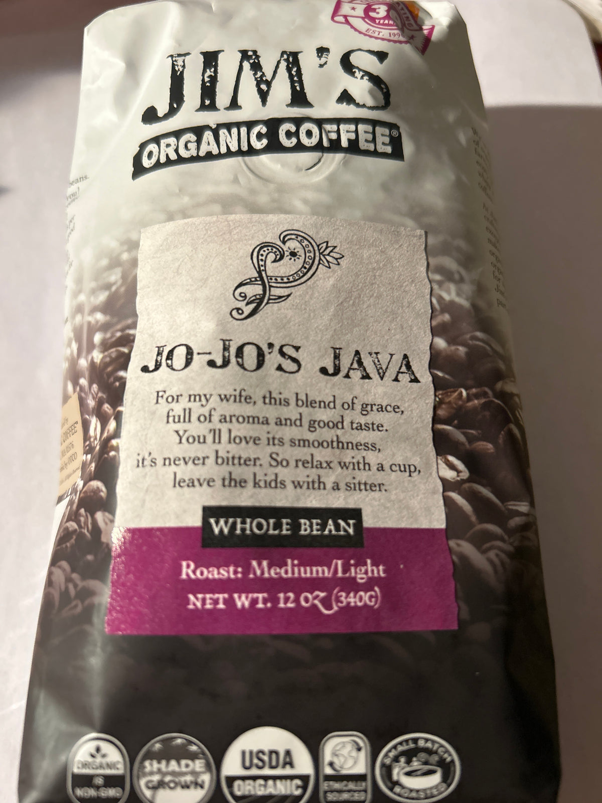 Jim’s Organic Coffee Jo‑Jo’s Java – Whole Bean – Medium/Light Roast – 12 oz (Best By 4/27)