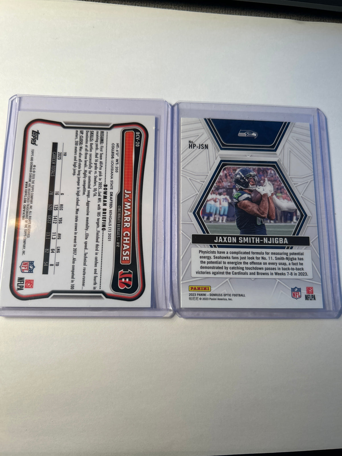 WR 2 Card Lot Jaxon Smith-Njigba Optic Hidden Potential (RC) Ja'Marr Chase Bowman Chrome Speckle Refractor