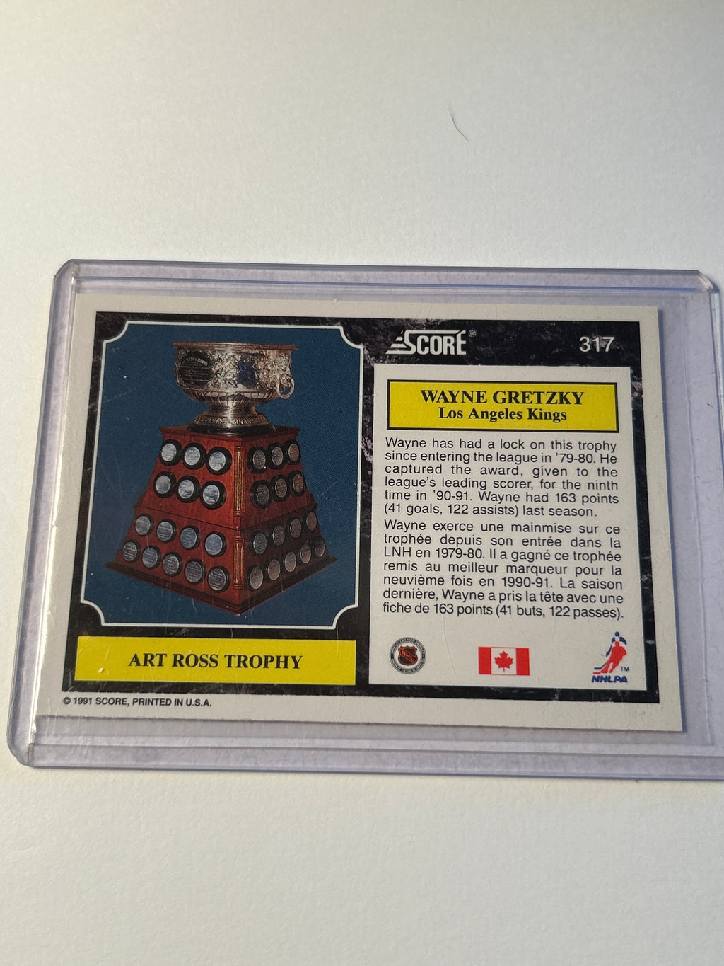 1991-92 Score Canadian Bilingual #317 Wayne Gretzky Art Ross Trophy Los Angeles Kings HOF