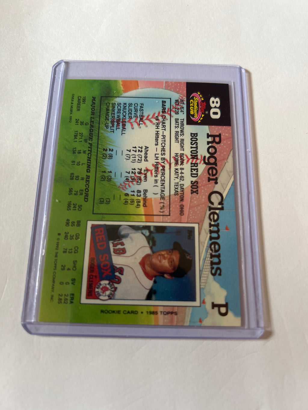 Topps Stadium Club 1992 Roger Clemens #80 Boston Red Sox MLB Baseball Card