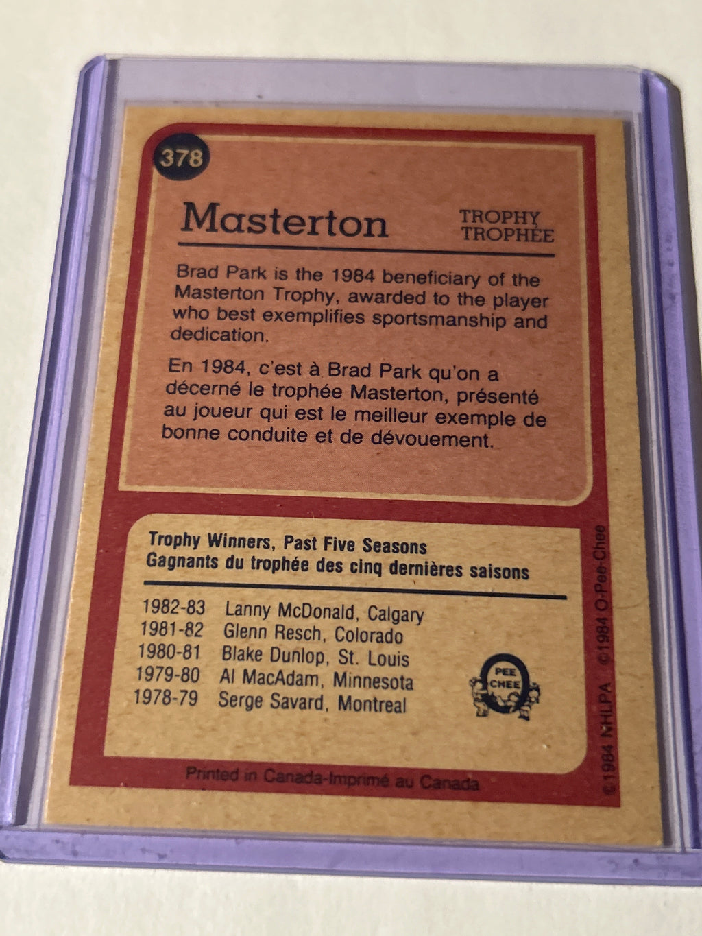 O-Pee-Chee 1983-84 Brad Park Masterton Trophy #378 Detroit Red Wings NHL Card