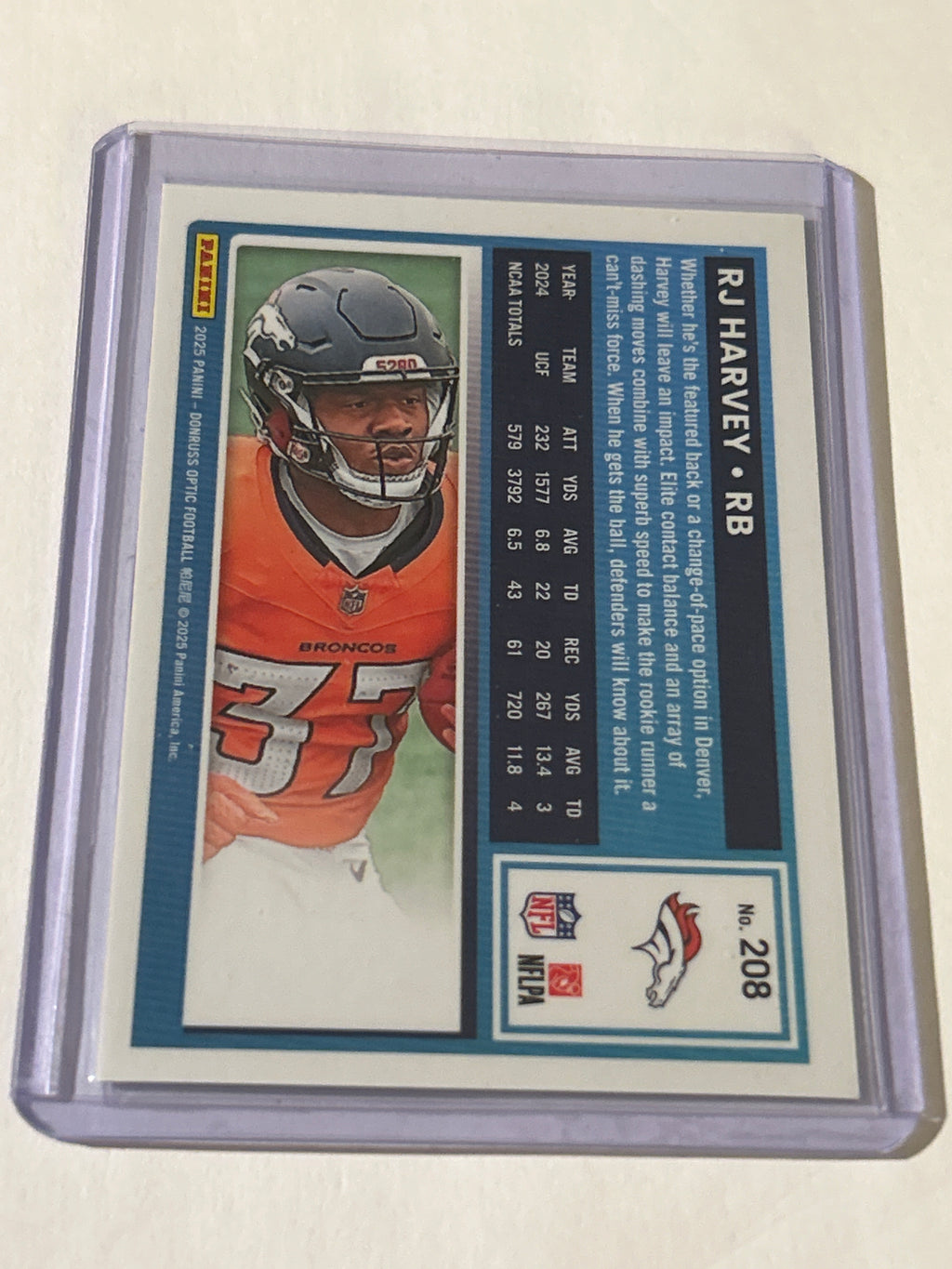 2025 Panini Donruss Optic - Rated Rookie RJ Harvey #208 Holo Prizm (RC)