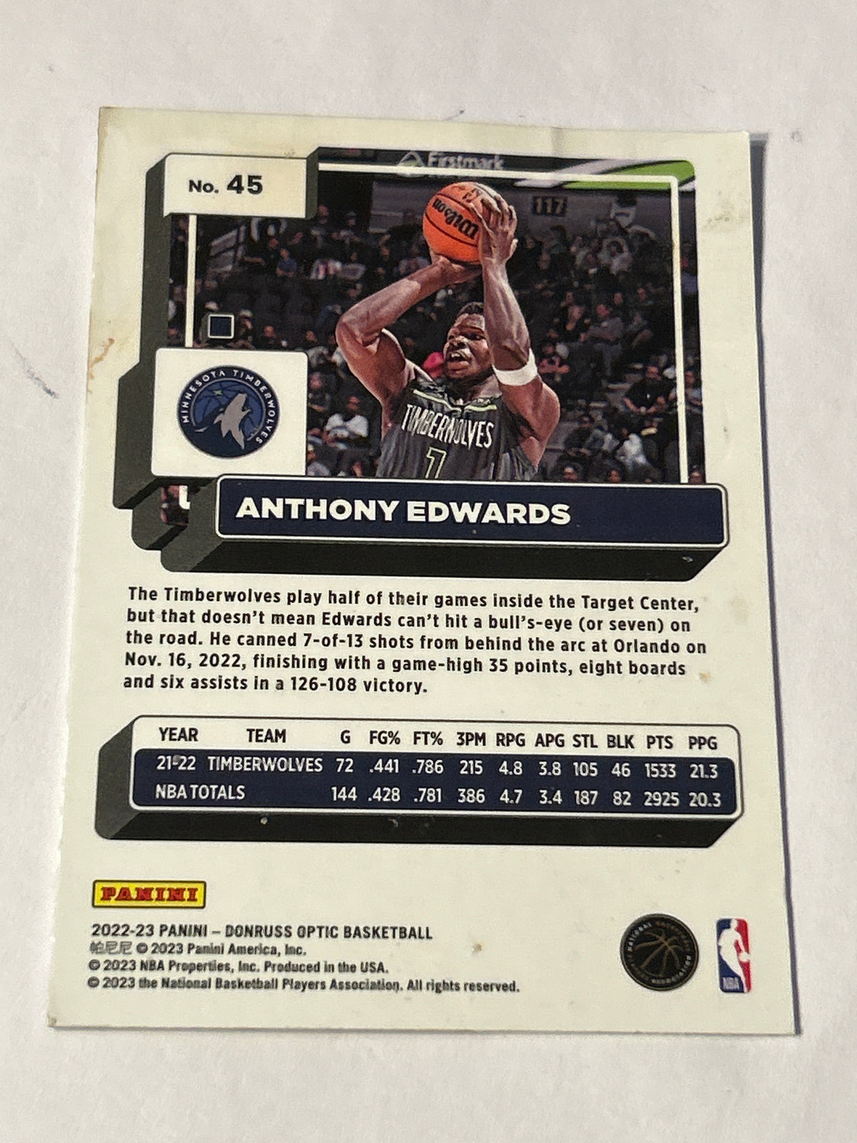 2022-23 Donruss Optic Anthony Edwards #45 Timberwolves