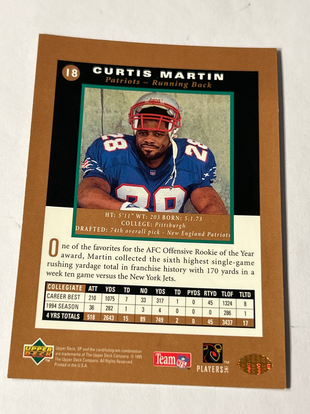 1995 Upper Deck SP Curtis Martin Premier Prospects Rookie Card (RC) Patriots