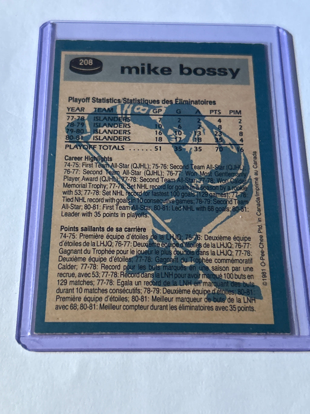 O-Pee-Chee Mike Bossy Super Action #208 New York Islanders NHL Hockey Card