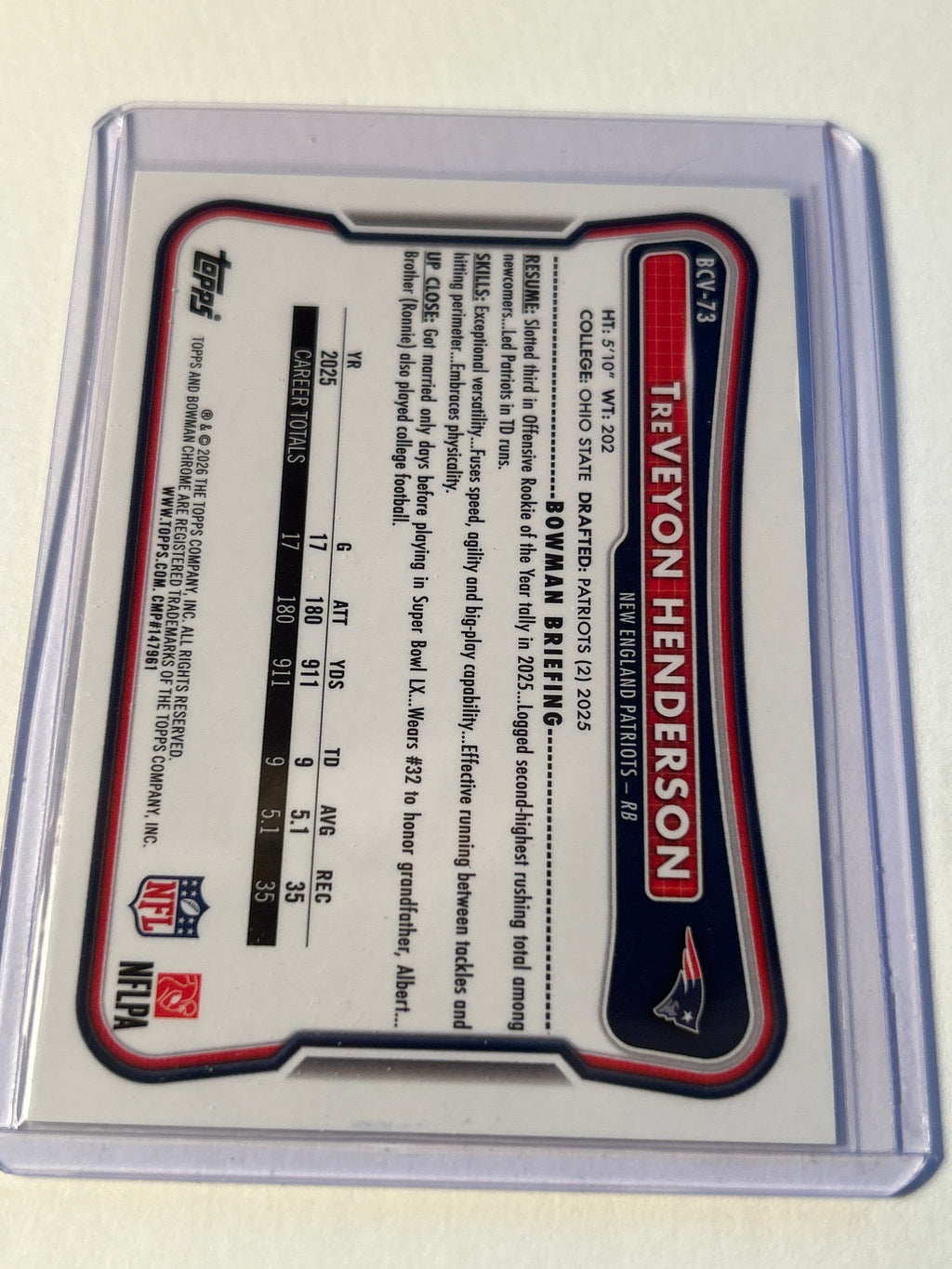 2026 Bowman Chrome TreVeyon Henderson Speckle Refractor New England Patriots RB