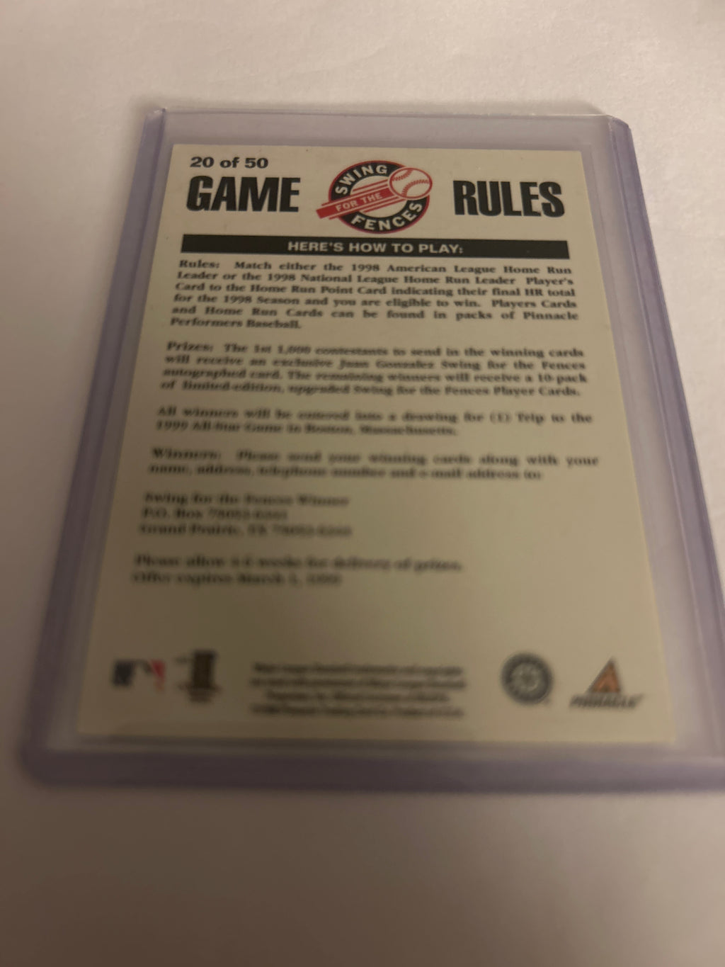 1998 Pinnacle Performers - Swing for the Fences Game Rules Alex Rodriguez #20