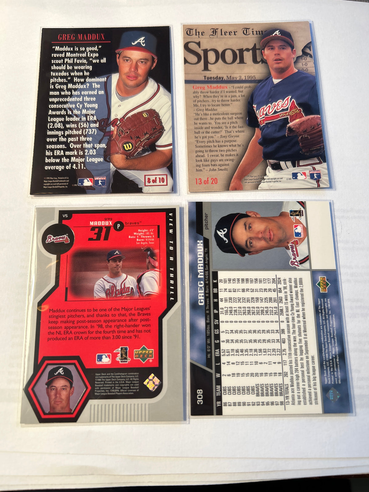 Greg Maddux 4 Card Lot 1995 Fleer Diamond Tribute Headliner 1999 Upper Deck View to a Thrill #308 Atlanta Braves HOF