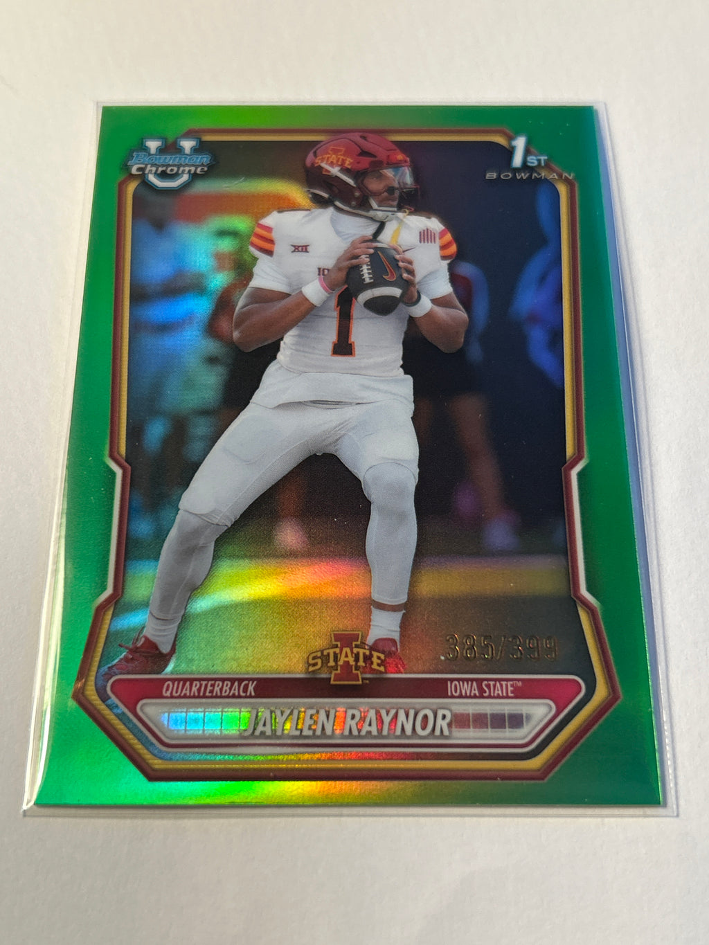 Bowman U Chrome Jaylen Raynor 1st Bowman Green Refractor 385/399 Iowa State Cyclones QB