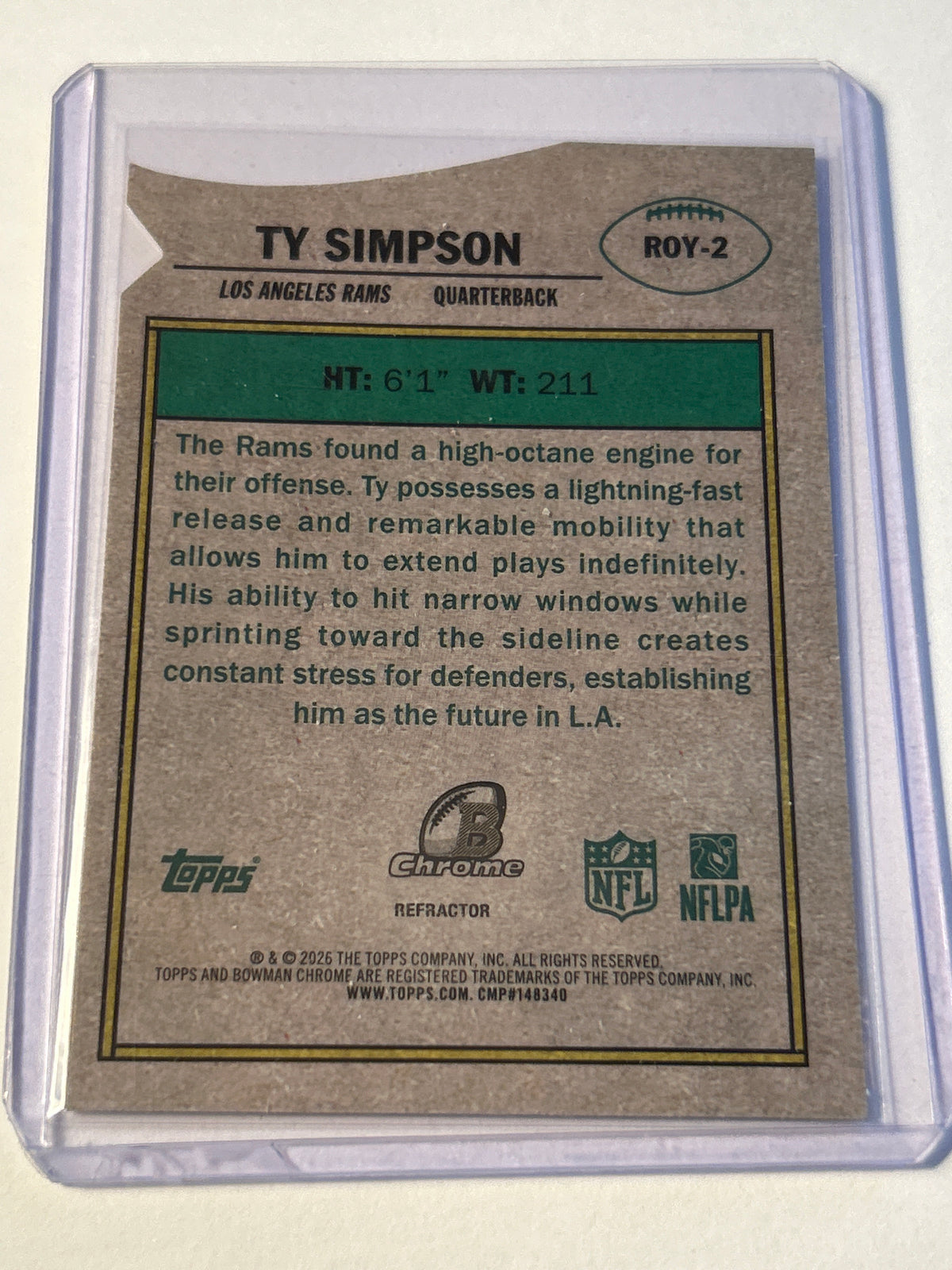 2026 Bowman Chrome Rookie of the Year Favorites Ty Simpson (RC) Die Cut Refractor Los Angeles Rams QB
