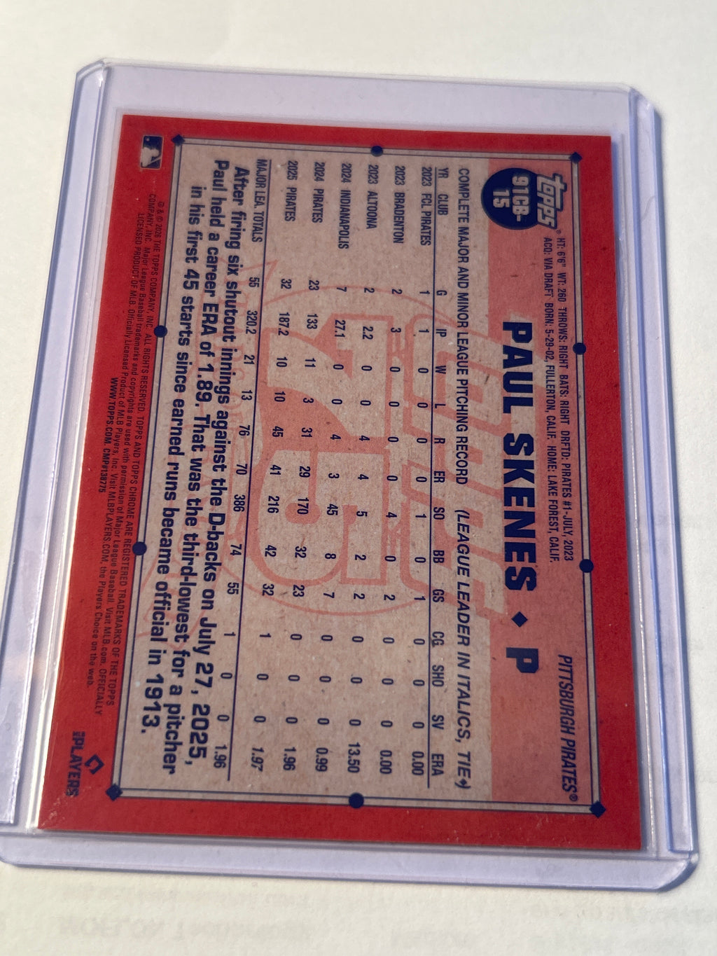 2026 Topps Chrome Paul Skenes 1991 Topps Design Refractor 75th Anniversary Pittsburgh Pirates