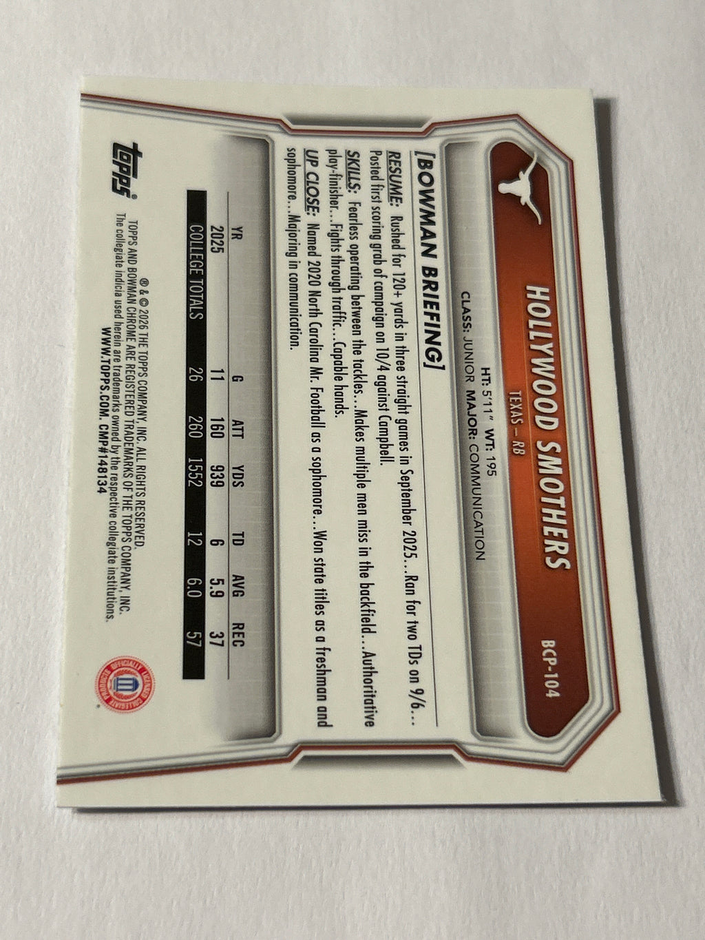 Bowman U Chrome Hollywood Smothers 1st Bowman Speckle Refractor Texas Longhorn