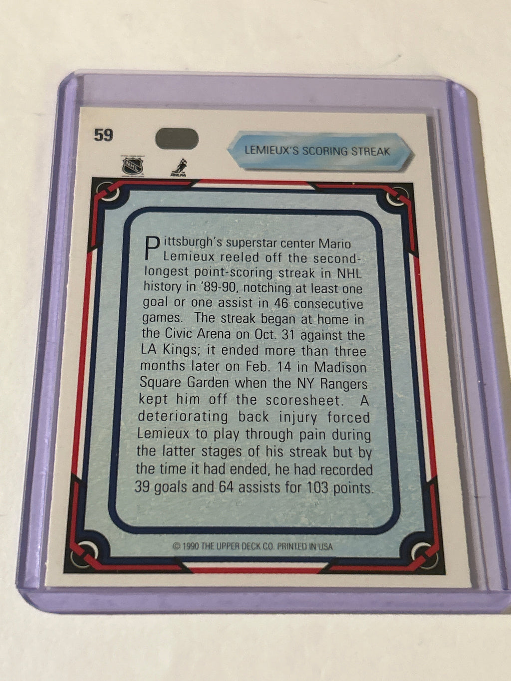 Upper Deck 1990-91 Lemieux's Scoring Streak #59 Pittsburgh Penguins NHL Card