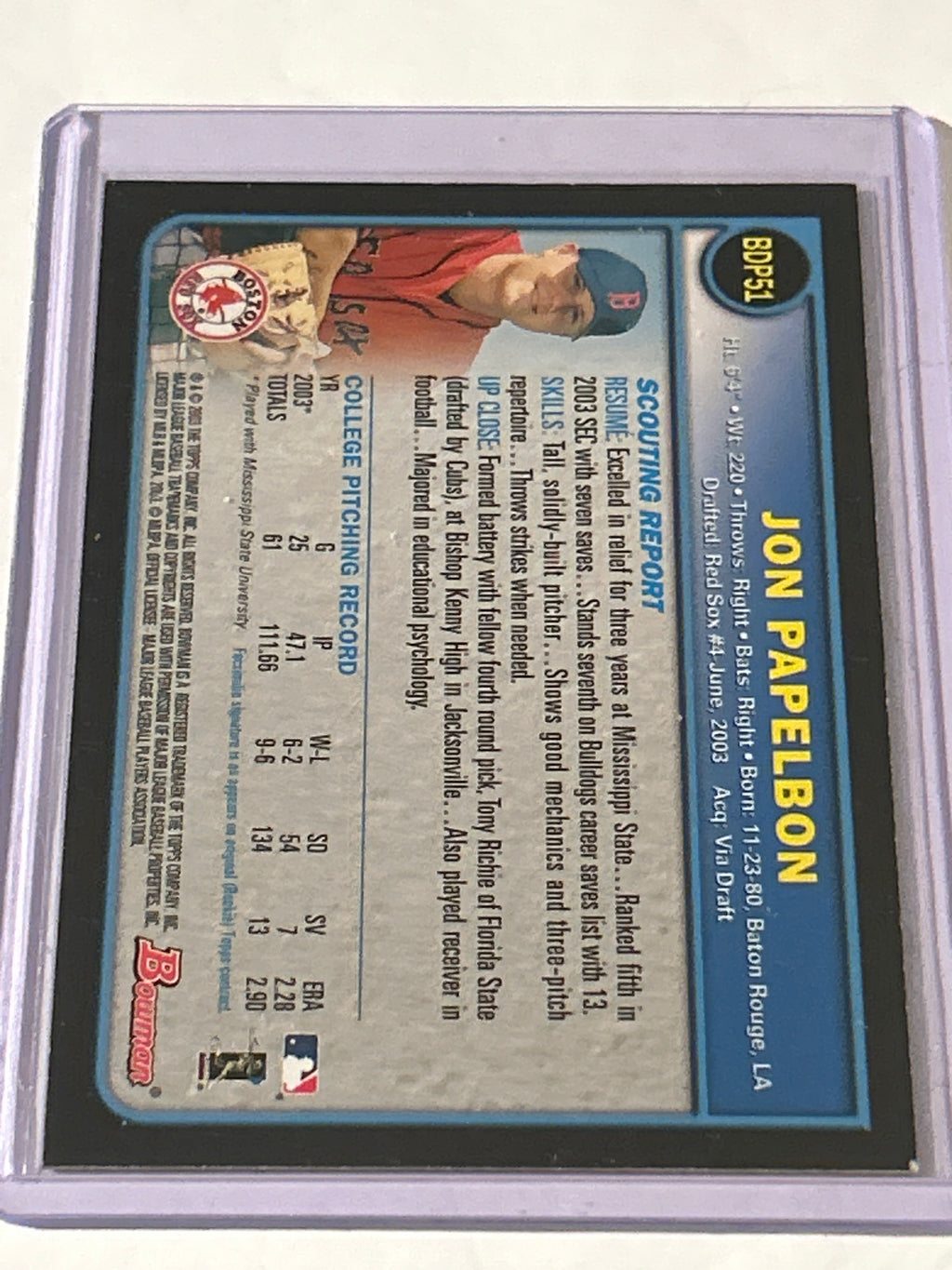 2003 Bowman Draft Picks & Prospects - Jonathan Papelbon #BDP51 Gold (RC)