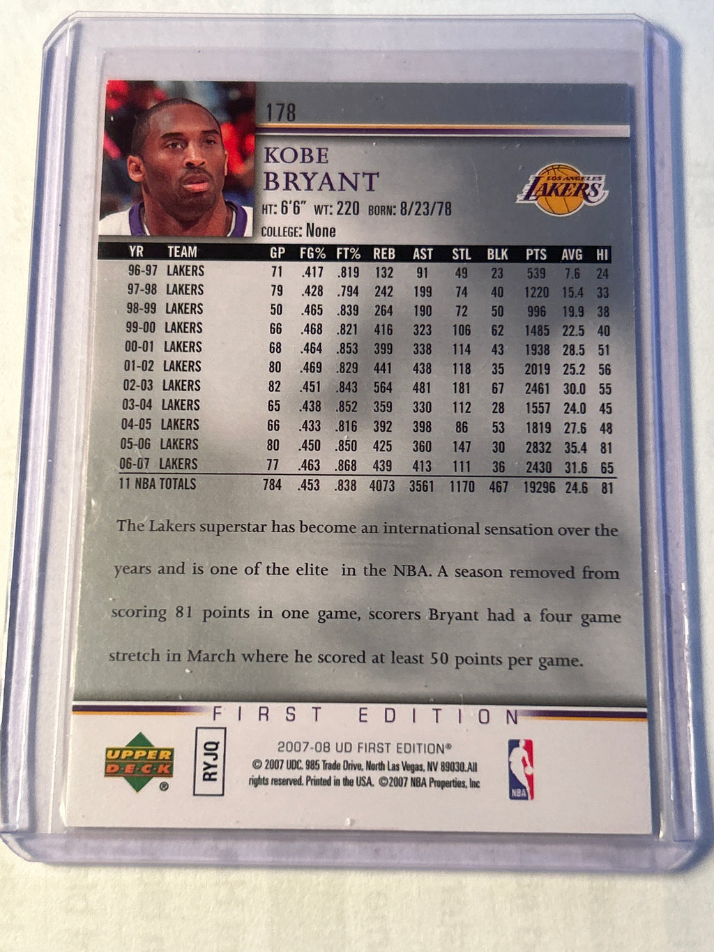 2007-08 Upper Deck First Edition Kobe Bryant Lakers