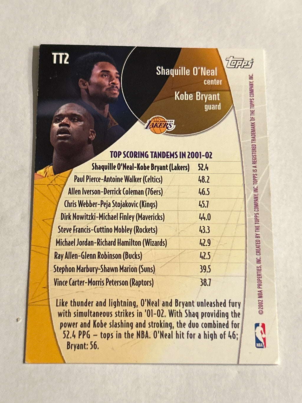 2002-03 Topps Top Tandems #TT2 Shaquille O'Neal / Kobe Bryant (T167)