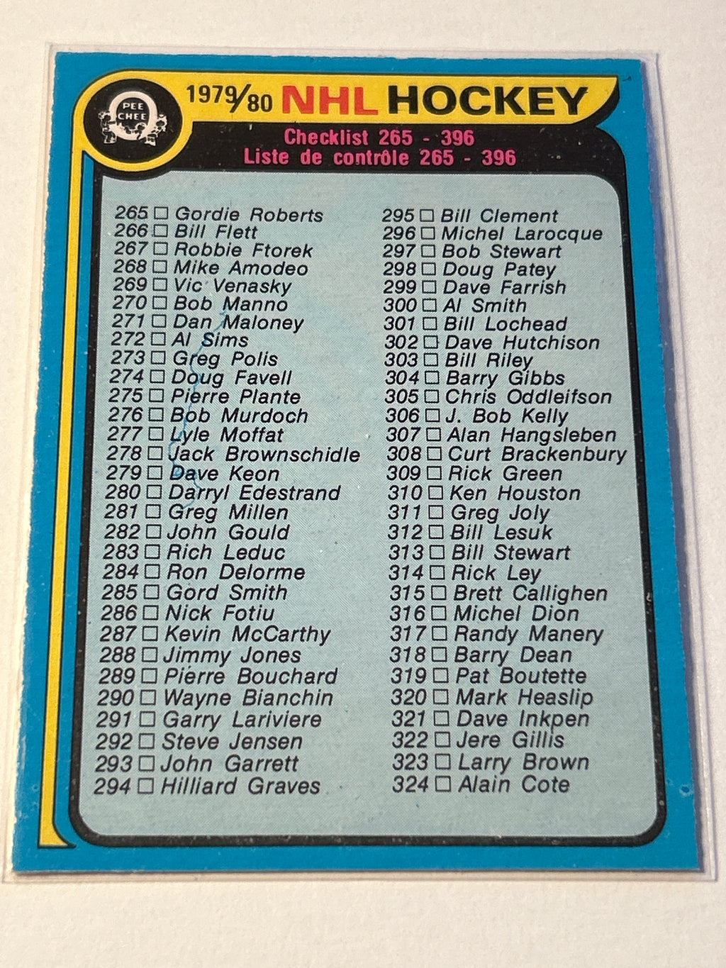1979-80 O-Pee-Chee Hockey #346 Checklist 265 to 396 Unmarked