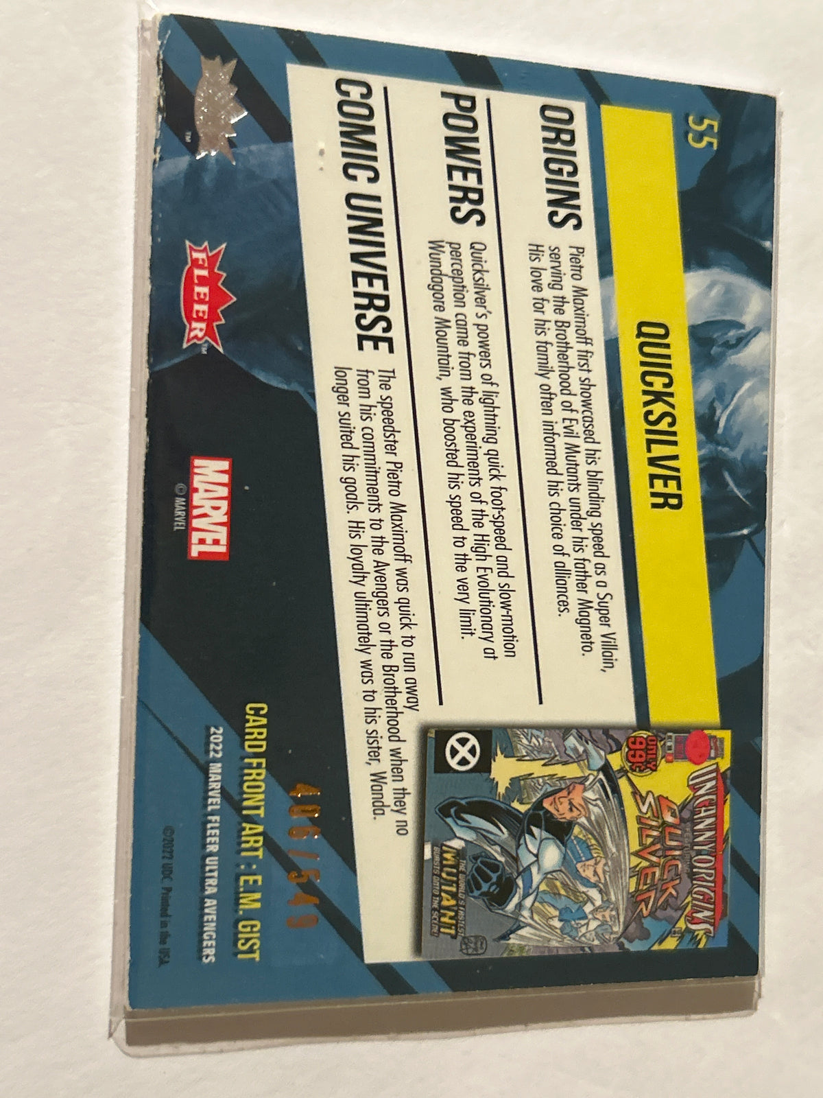 Quicksilver 486/549 – Thick Premium Marvel Card – Fleer Ultra Avengers- Card #55