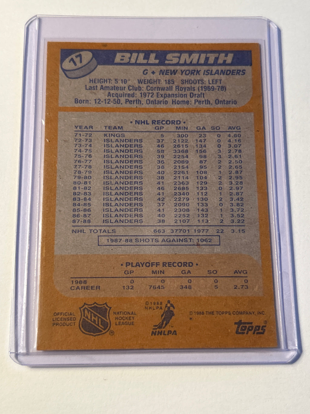 1988-89 Topps Billy Smith New York Islanders Goalie HOF