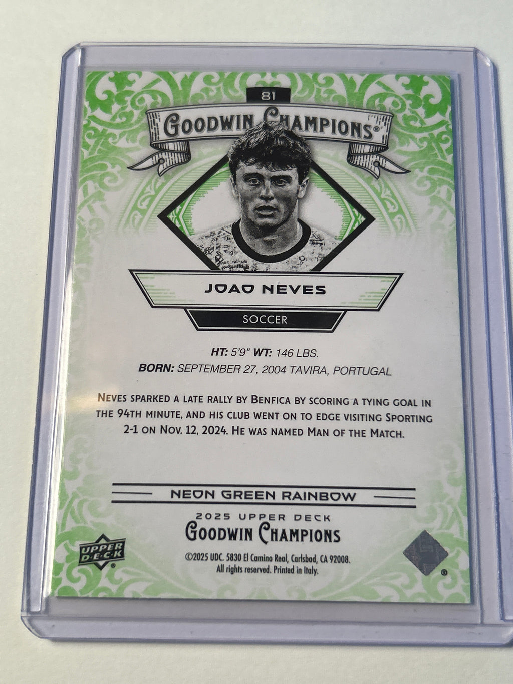 2025 Upper Deck Goodwin Champions #81 Joao Neves Neon Green Rainbow Foil Soccer Portugal PSG