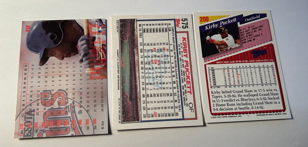 Kirby Puckett 3 Card Lot 1995 Fleer 1992 Topps 1993 Topps Minnesota Twins HOF