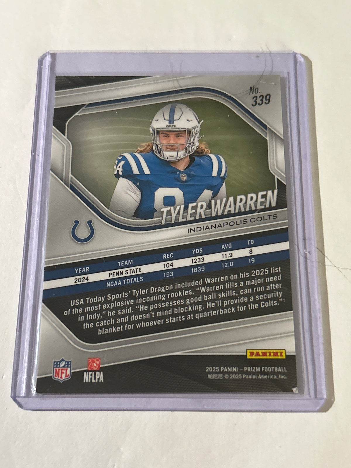 2025 Panini Prizm - Rookies Tyler Warren #339 Silver Prizm (RC)