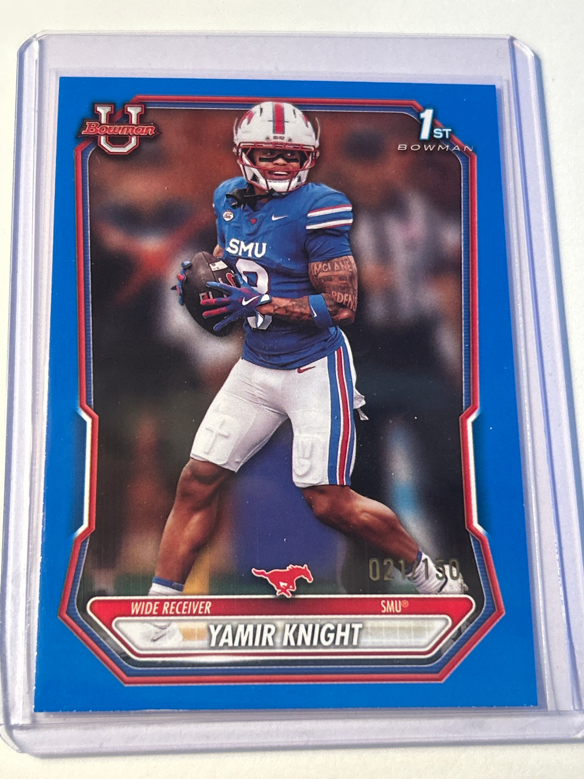 2026 Bowman U Yamir Knight 1st Bowman Blue Parallel 021/150 SMU Mustangs WR