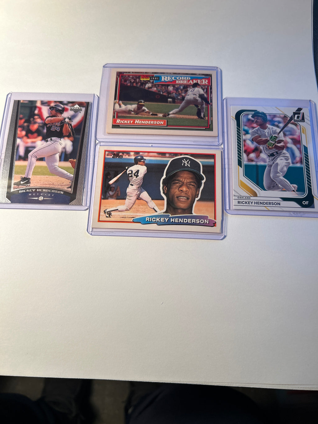 Rickey Henderson 4 Card Lot 1988 Topps Big 1992 Topps Record Breaker Upper Deck Mets Donruss Athletics Yankees HOF