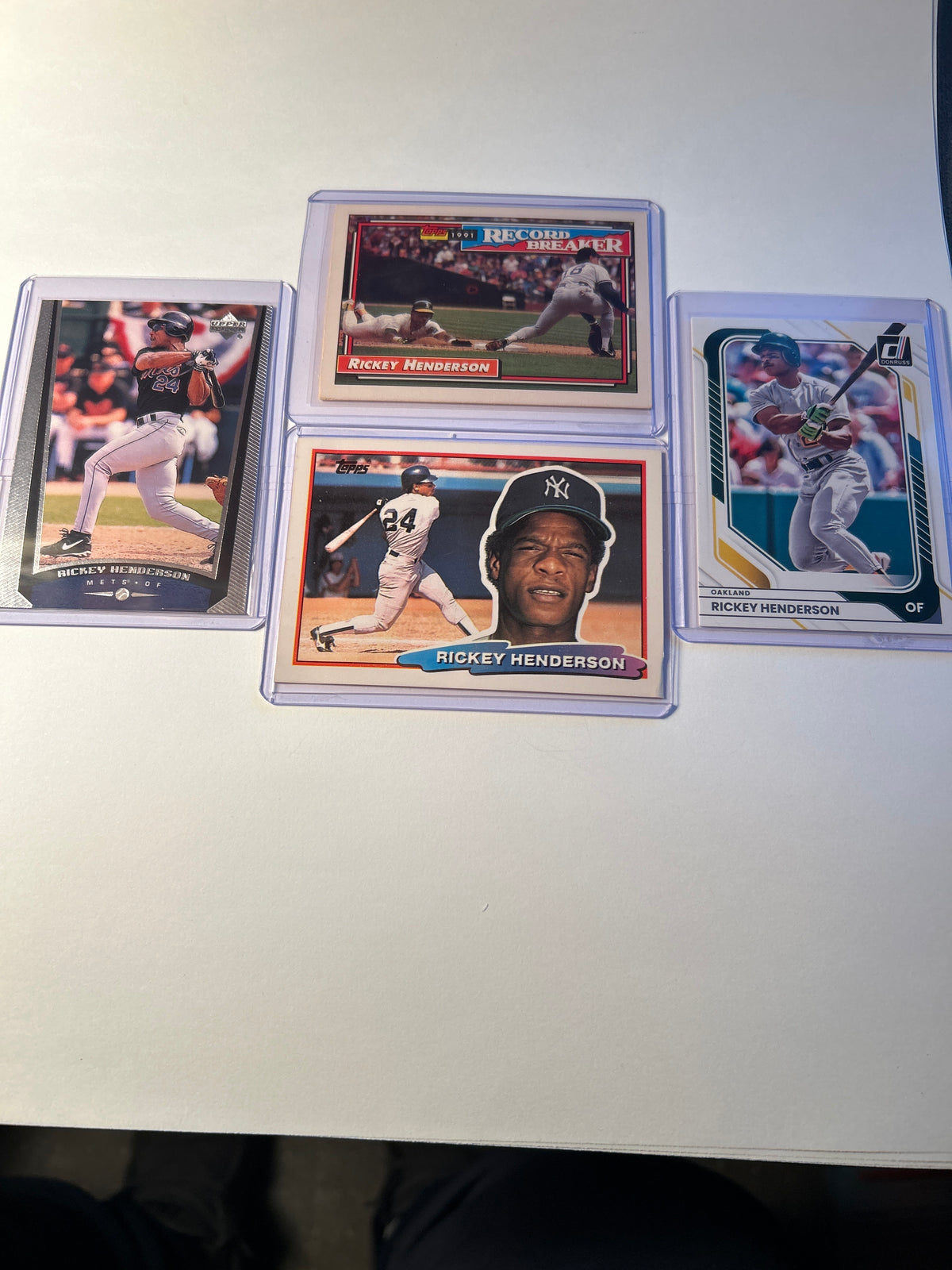 Rickey Henderson 4 Card Lot 1988 Topps Big 1992 Topps Record Breaker Upper Deck Mets Donruss Athletics Yankees HOF