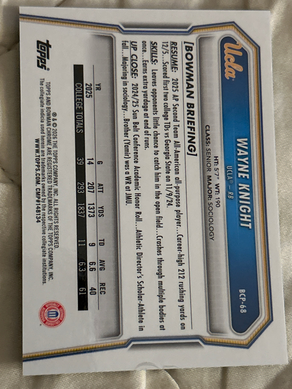 2026 Bowman U Chrome #BCP-68 Wayne Knight 1st Bowman Green Parallel 91/99 UCLA Bruins RB